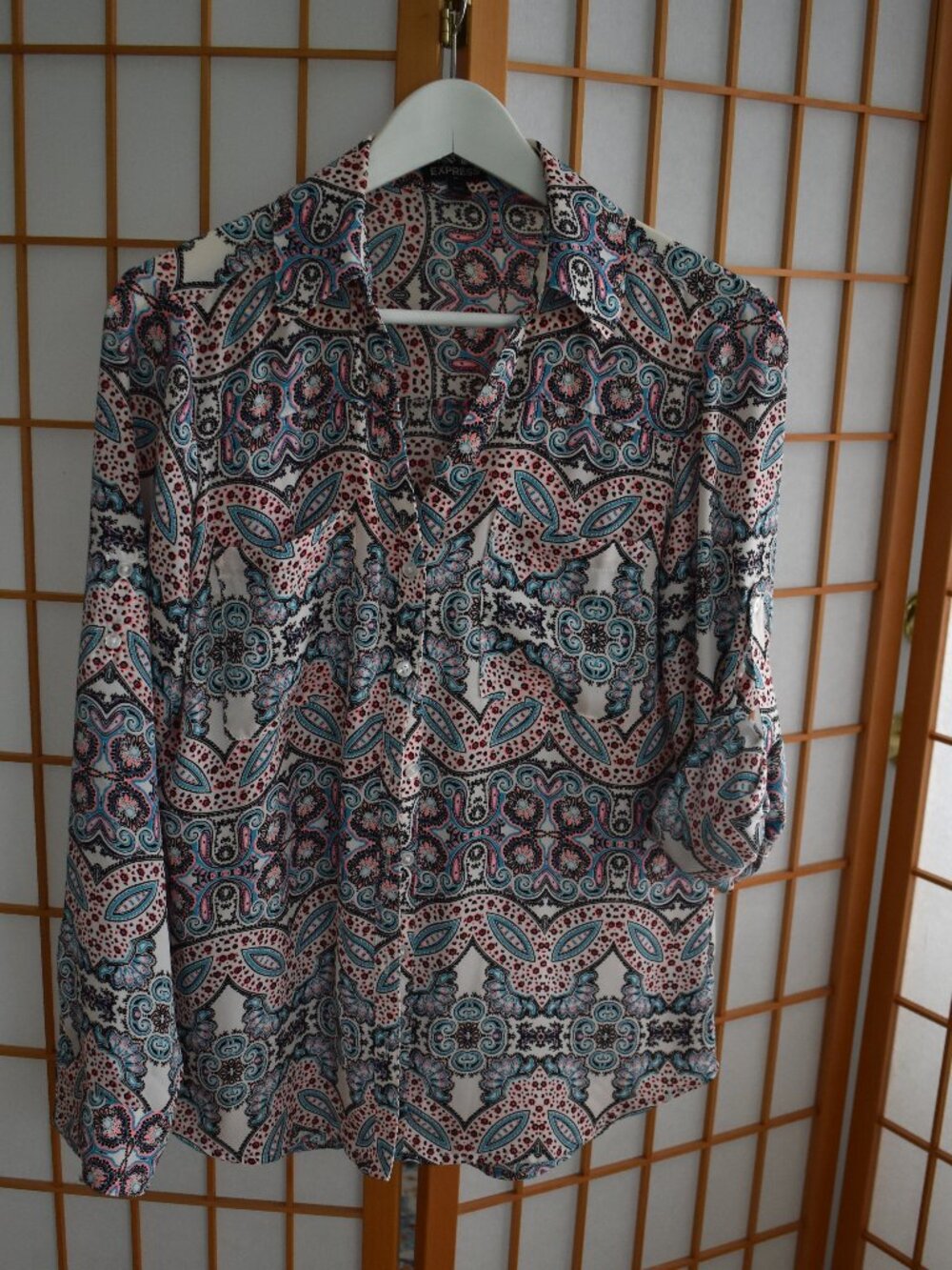 Express Portofino Shirt Medium Blue Neon Pink White Long Sleeve Button Up